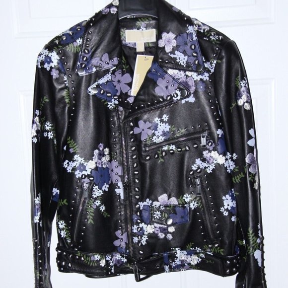 NEW!! $645 MICHAEL KORS Floral Embroidered Leather Moto Jacket; Size Small - Picture 4 of 8